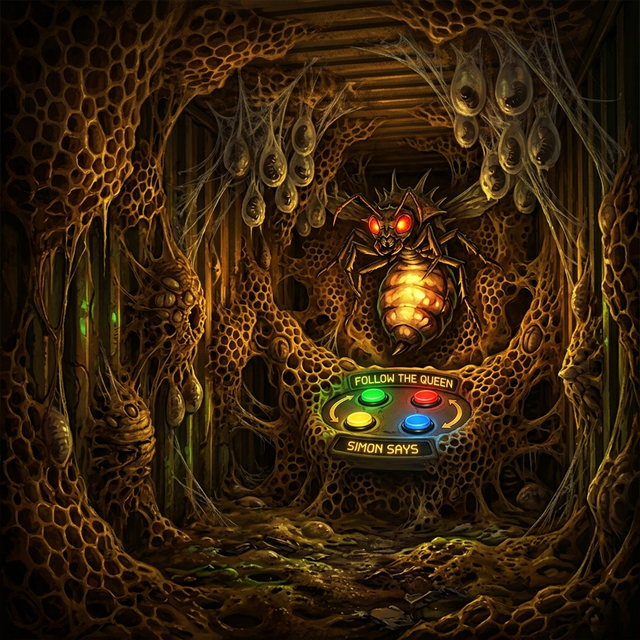 Concept art of The Hive - an organic insect nest with honeycomb walls, egg sacs, and a massive queen insect animatronic with glowing eyes