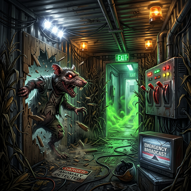 Concept art of The Escape - emergency escape room with giant mutant rat bursting through wall, control panels, and decontamination corridor with green fog